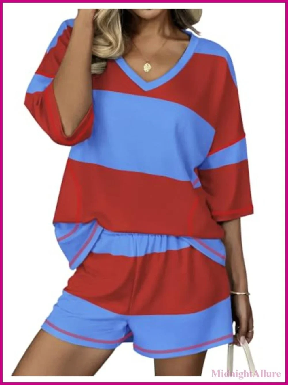 Women's Lounge Short Set 2 Piece Oversized Casual Outfit V Neck Top with Pockets